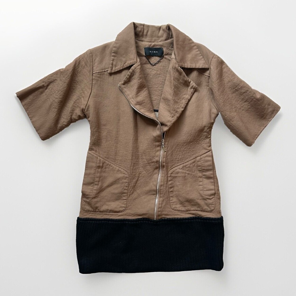 Nima Coat Dress Jacket L Camel Tan Wool Silk Mod Minimal Luxury‎ Designer Knit